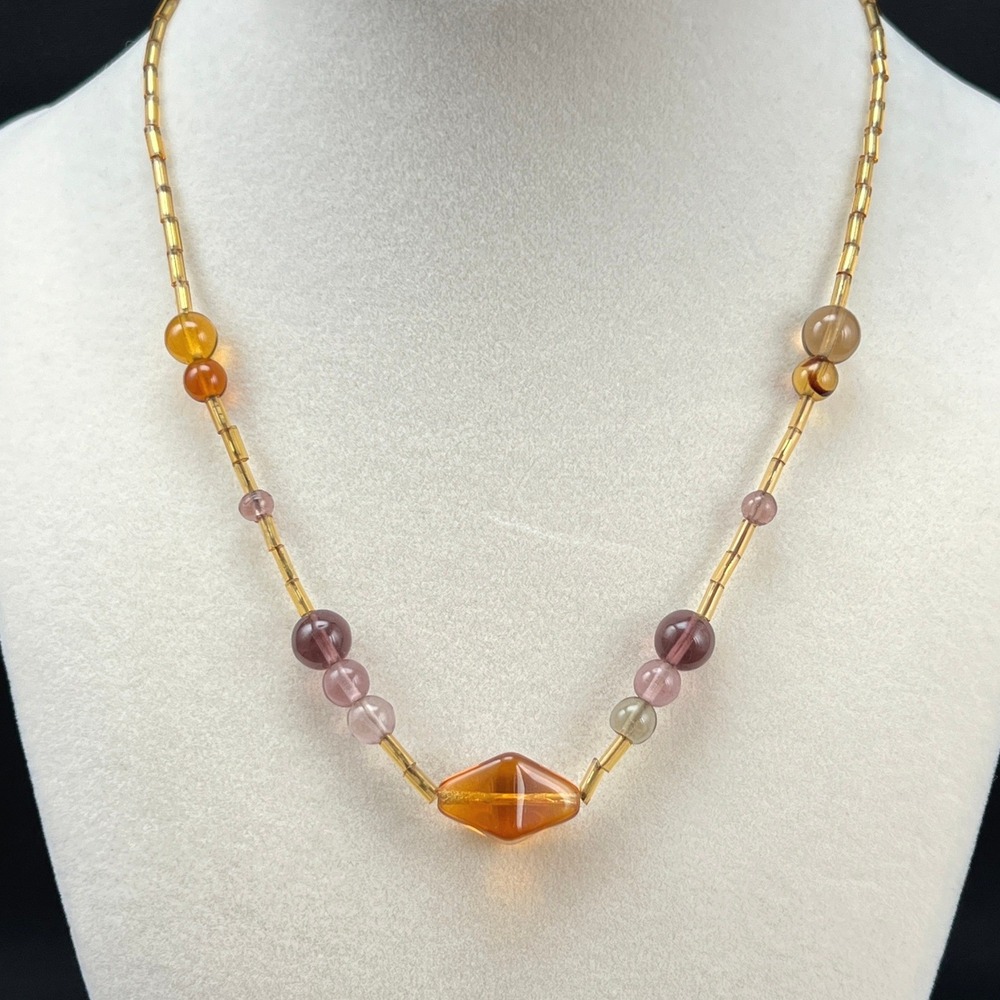 Vintage Beaded Necklace Gold Brown Purple Glass Beads 15"
